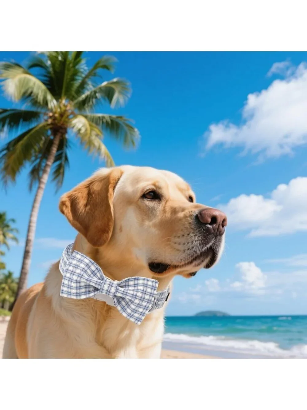 Stylish Cotton Dog Collar with Bow - Blue & White Grid for Small to Large Dogs
